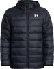 A black puffer jacket with a hood and a zipper. Produktbild-Vorschau