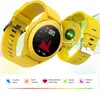 A yellow smartwatch is displayed with its screen showing heart rate data. Below the watch, icons and text describe its features. Voir les images du produit