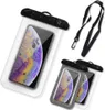 A product shot of multiple waterproof phone pouches with phones inside, and a lanyard. Produktbild-Vorschau