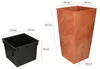 Two planters with dimensions shown, one black and one terracotta colored. Voir les images du produit