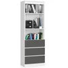 A white and dark gray bookshelf with books and storage boxes on shelves and drawers. Produktbild-Vorschau