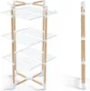 A three-tiered drying rack with wooden supports and white wire shelves, shown from the front and side. Produktbild-Vorschau