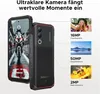 A smartphone is shown with its camera features highlighted through sample photos and text. Produktbild-Vorschau