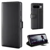 A collage of images showing a black leather flip case for a Google Pixel 8 Pro phone, including a view of the case closed, open, and with the phone inside in a stand-up position. Produktbild-Vorschau