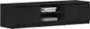 A black TV stand with two shelves and two cabinet doors. Voir les images du produit