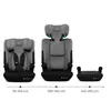 Three different configurations of a child car seat are displayed side-by-side against a white background, with size indicators below each. Podgląd zdjęcia produktu