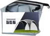 A partially unrolled tent side wall with a graphic overlay showing a gazebo and feature icons. Produktbild-Vorschau