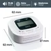 A white CO detector with dimensions indicated by lines and text. Voir les images du produit