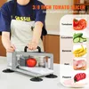 A person is using a commercial tomato slicer to slice a tomato. The image also shows examples of other foods that can be sliced. Podgląd zdjęcia produktu