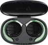 A pair of black true wireless earbuds in an open black charging case, with green LED accents. Náhled obrázku produktu