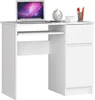 A white computer desk with a laptop, a clock, and a pencil holder on top.