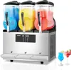 A commercial slushie machine with three tanks filled with colorful frozen drinks, displayed on a white background with two cocktail glasses in the foreground. Náhled obrázku produktu