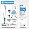 A collage of images showing a steam cleaner, its accessories, packaging, and manual. Produktbild-Vorschau