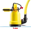 A yellow submersible pump with a yellow hose attached, resting on a light blue surface representing water. Produktbild-Vorschau