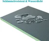 A close-up, angled view of a gray construction board with water droplets on its surface, set against a white background. The board has a textured surface and a green edge. Produktbild-Vorschau