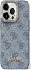 A close-up view of a blue phone case with a repeating Guess logo pattern and a gold Guess logo at the bottom. Produktbild-Vorschau