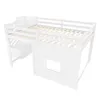 A white loft bed with a slatted mattress base and a window on the front. Produktbild-Vorschau