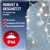 A close-up marketing image showing features of LED string lights, with text highlighting robustness and weather resistance, and an image of the lights in a snowy environment. Anteprima dell’immagine prodotto