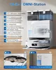 A white robot vacuum cleaner station with two water tanks and a robot vacuum docked inside. Text overlays describe features. Anteprima dell’immagine prodotto