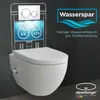 A modern wall-mounted toilet with a diagram showing its water-saving features. Produktbild-Vorschau