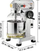 A silver commercial stand mixer with dimensions indicated by measurement lines and text. Anteprima dell’immagine prodotto
