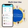 A smartphone displaying a multi-user interface for inviting members, surrounded by circular images of family members and text highlighting privacy protection and SD card storage. Náhled obrázku produktu
