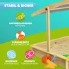 A diagram highlighting features of a wooden sandbox with a canopy. Produktbild-Vorschau