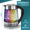 A close-up product shot of a glass electric kettle with colorful LED lighting inside, set against a teal and gray background with marketing text and icons. Produktbild-Vorschau