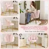 Collage of images showing a pink petal chair from multiple angles and a woman using it at a vanity. Produktbild-Vorschau