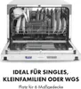 An open dishwasher filled with dishes, showing its interior and controls, with text below describing its features. Produktbild-Vorschau