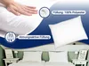 A collage-style marketing image for pillows, showing a hand pressing on a pillow, close-ups of the filling, and a pillow on a bed. Produktbild-Vorschau