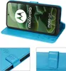 A collage of images showing a blue flip case for a Motorola Moto G35 phone, with close-ups of the case's texture and clasp. Produktbild-Vorschau