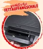 Close-up of a grill with a removable fat collection tray, overlaid with text and a decorative border. Produktbild-Vorschau