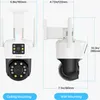 Two views of a white and black security camera with dimensions indicated. Produktbild-Vorschau