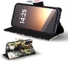 A flip-style phone case with a floral and ornate pattern is shown, with a smartphone inside displaying the time. Produktbild-Vorschau