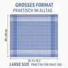 A flat lay image of a blue checkered handkerchief with dimensions and text overlays. Produktbild-Vorschau