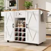 A white kitchen island with a wooden top, featuring a wine rack and storage cabinets, placed on a rug in a well-lit room. Produktbild-Vorschau
