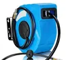 A blue automatic hose reel with a black hose is mounted on a wall bracket. Náhled obrázku produktu