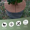 A close-up of a potted plant with a brown, fibrous covering around the base, and a dark gray pot. Below the plant are four circular icons with text. Produktbild-Vorschau