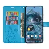 A blue flip case for a Google Pixel 8A phone, with cards and cash inserted, and the phone screen displaying weather information. Produktbild-Vorschau