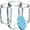 Four clear glass jars are shown, with one lid in the foreground. Produktbild-Vorschau