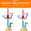 Diagrams illustrating the use of a plunger to clear a sink drain, showing before and after states. Produktbild-Vorschau