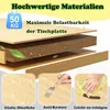 Diagram showing the layered construction of a tabletop, highlighting its materials and durability, with inset images demonstrating its smooth surface, scratch resistance, and ease of cleaning. Náhled obrázku produktu