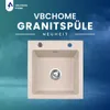 A marketing image for a granite kitchen sink, showing the sink itself against a gradient blue and teal background. Anteprima dell’immagine prodotto