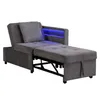 A gray sofa bed is shown in a partially extended state, with blue LED lighting visible in the armrest. Voir les images du produit