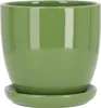 A green ceramic plant pot with a matching saucer, shown against a white background. Náhled obrázku produktu