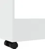 A close-up view of the bottom corner of a white storage unit with black wheels. Náhľad obrázku produktu
