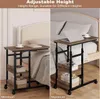 A split image showing a height-adjustable side table next to a bed, demonstrating its minimum and maximum height settings. Produktbild-Vorschau
