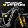 Close-up marketing image of an electric bicycle's suspension system, highlighting its features with text overlays. Produktbild-Vorschau