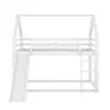 A white wooden bunk bed with a slide and ladder, shown from the front. Produktbild-Vorschau